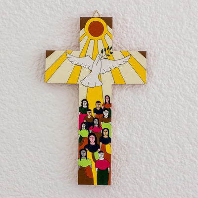 Cruz de pared de madera, 'Pájaro de la Esperanza' - Cruz de madera de pino pintada a mano con una paloma de la paz