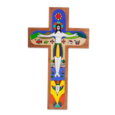 Hand-Painted Pinewood Wall Cross of Jesus from El Salvador