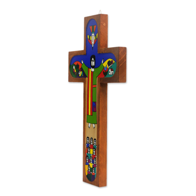 Holzwandkreuz, 'Straße nach Emmaus - Handgefertigtes Kiefernholzwandkreuz Jesu aus El Salvador