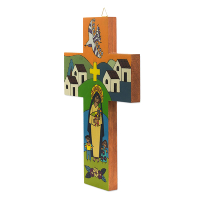 Wood wall cross, 'Loving Virgin' - Hand-Painted Pinewood Wall Cross of Mary and Jesus