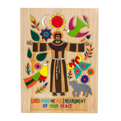 Holzrelieftafel, „Mach mich zu einem Instrument deines Friedens“ - Relieftafel aus Kiefernholz mit der Darstellung von Jesus aus El Salvador