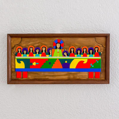 Holzreliefplatte, „Heiliges Abendmahl“. - Handbemalte Kiefernholz-Relieftafel des Abendmahls