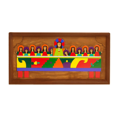 Wood relief panel, 'Holy Supper' - Hand-Painted Pinewood Relief Panel of the Last Supper