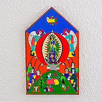 Wood relief panel, 'Praising the Virgin of Guadalupe' - Hand-Painted Pinewood Relief Panel of Mother Mary