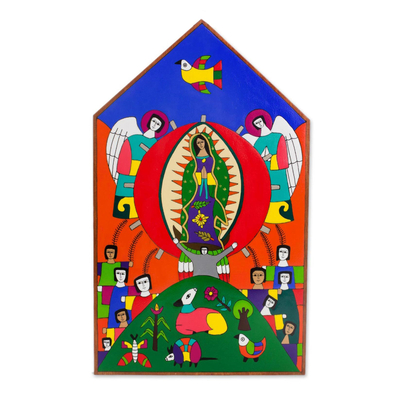 Holzrelief-Platte 'Lobpreisung der Jungfrau von Guadalupe'. - Handbemaltes Kiefernholz-Relief von Mutter Maria