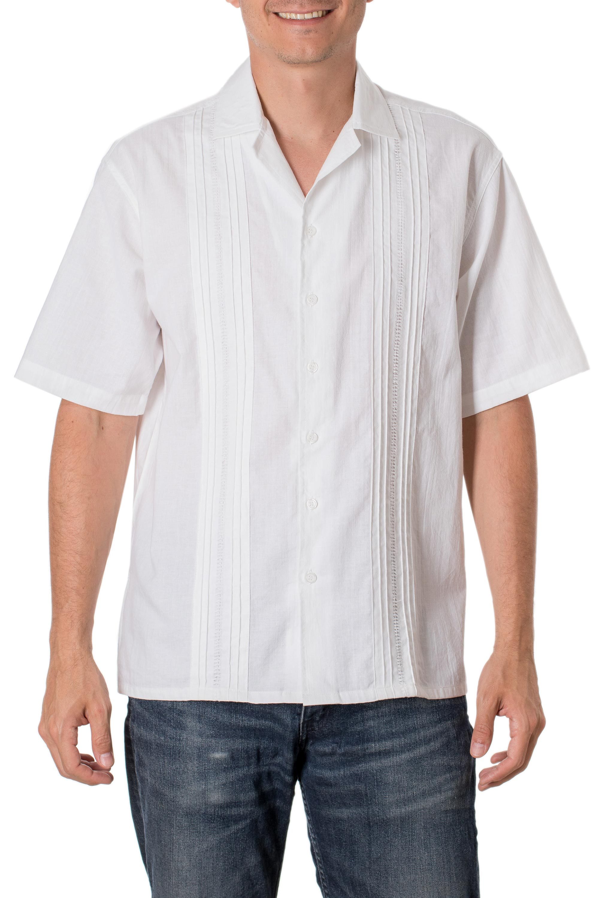 White Men's Cotton Guayabera Shirt from El Salvador Salvadoran Beaches NOVICA