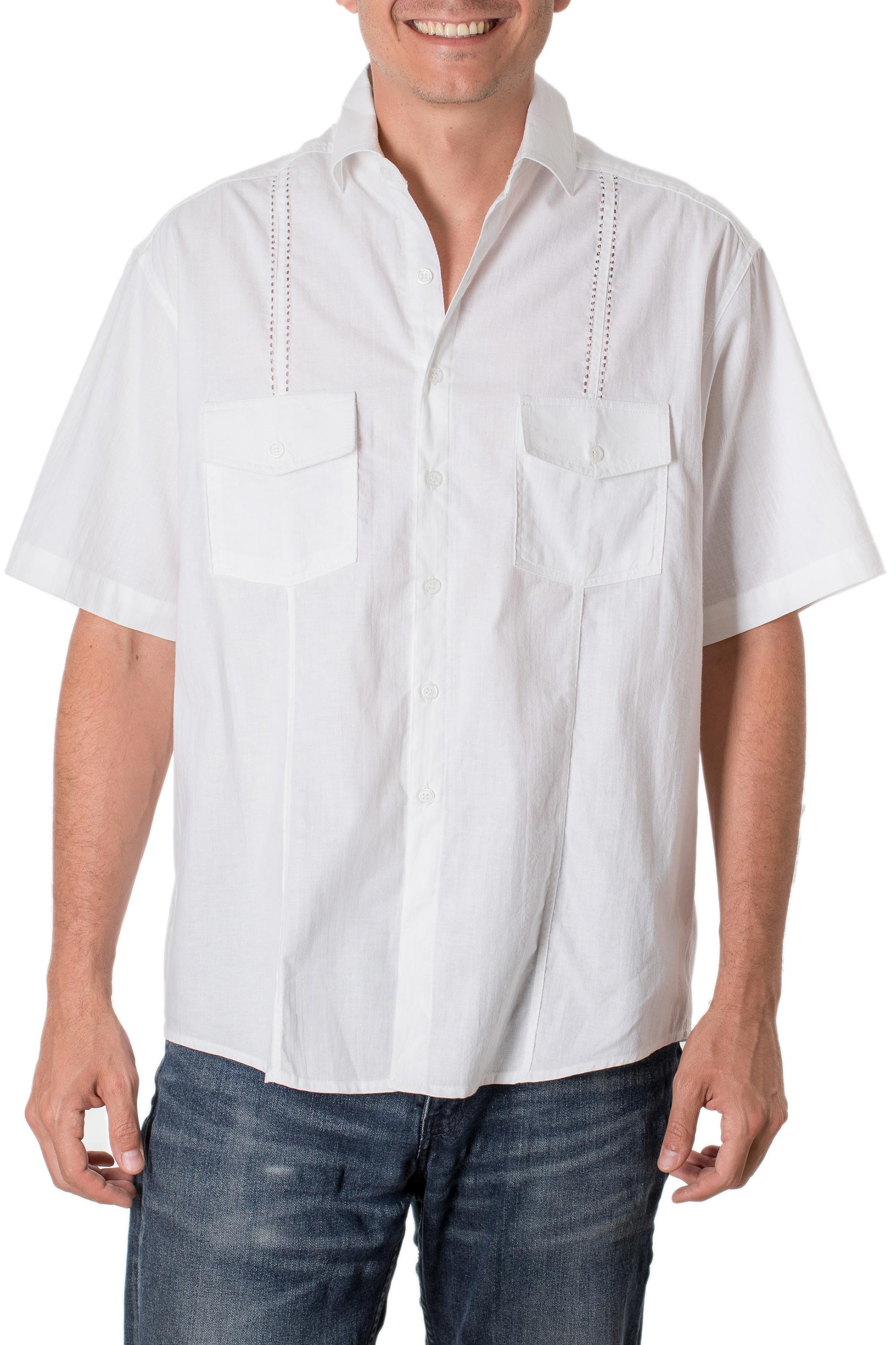 White Men's Cotton Guayabera Shirt with Chest Pockets - Salvadoran ...