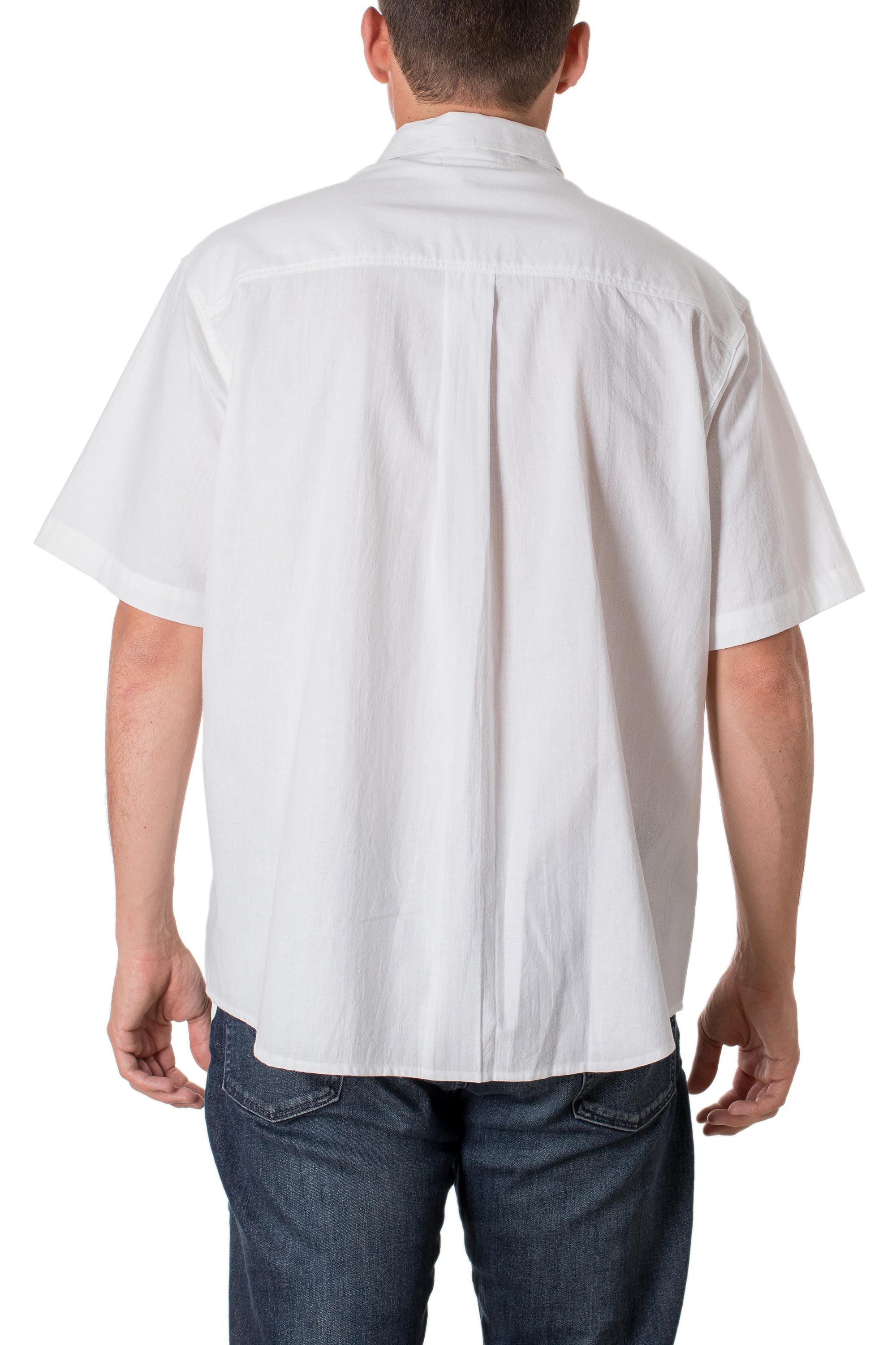 White Men's Cotton Guayabera Shirt with Chest Pockets Salvadoran Freshness NOVICA