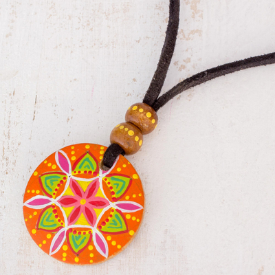 Wood pendant necklace, Vibrant Seed in Orange