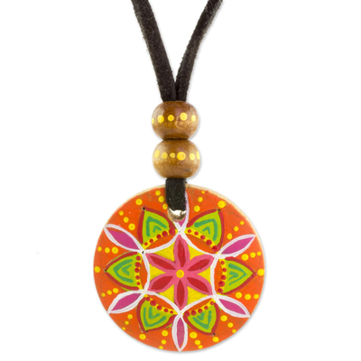 Floral Pinewood Pendant Necklace in Orange from Guatemala