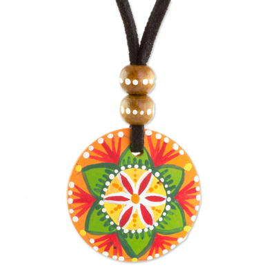 Floral Pinewood Pendant Necklace in Green from Guatemala