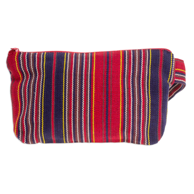 Cotton cosmetics bag, 'Festive Stripes' - Red and Navy Stripe Handwoven Cotton Cosmetics Bag