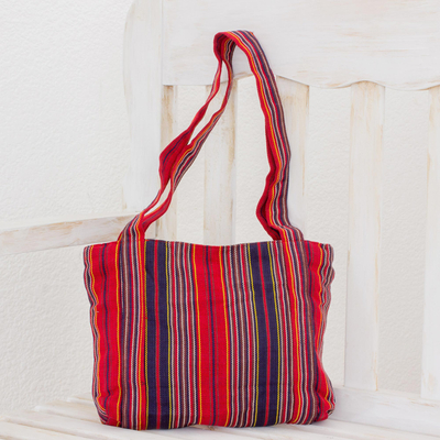 Cotton tote, 'Festive Stripes' (11 inch) - Red and Navy Stripe Handwoven Cotton Lined Tote (11 Inch)