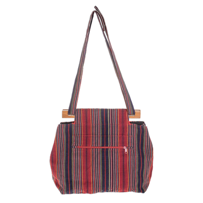 Cotton shoulder bag, 'Festive Stripes' - Red Striped Cotton Shoulder Bag from El Salvador