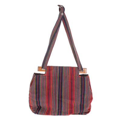 Cotton shoulder bag, 'Festive Stripes' - Red Striped Cotton Shoulder Bag from El Salvador