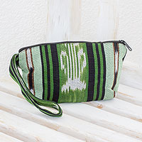Cotton cosmetics bag, 'Glorious Stripes' - Green and Black Stripe Handwoven Cotton Cosmetics Bag
