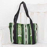 Cotton tote, 'Glorious Stripes' (13 inch) - Green and Black Stripe Handwoven Cotton Lined Tote (13 Inch)