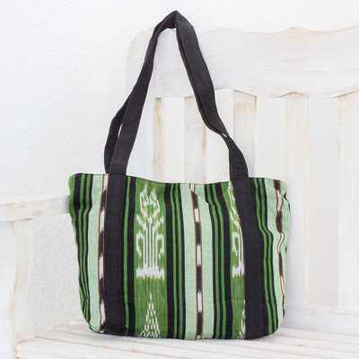 Cotton tote, 'Glorious Stripes' (13 inch) - Green and Black Stripe Handwoven Cotton Lined Tote (13 Inch)