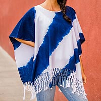 Cotton poncho, 'Daring Indigo' - Natural Indigo and White Stripe Shibori Dyed Cotton Poncho