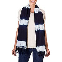 Tie-dyed cotton scarf, 'Cloud Streaked Night' - Indigo and White Stripe Shibori Dyed Cotton Fringed Scarf
