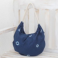 Tie-dyed cotton hobo handbag, 'Indigo Spots' - Tie-Dyed Cotton Hobo Handbag from El Salvador