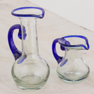 Small recycled glass pitchers, 'Clear Seas' (pair) - Handblown Small Recycled Glass Pitchers (Pair)