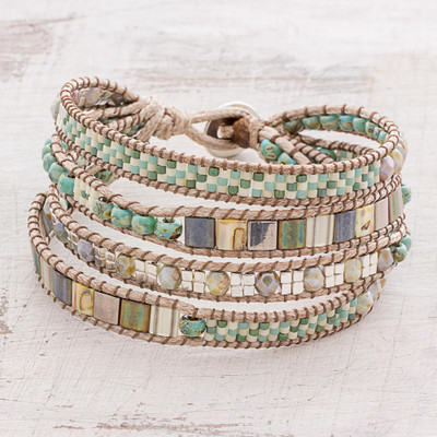 Glass beaded wristband bracelet, 'Aqua Pastel' - Pastel-Colored Glass Beaded Wristband Bracelet