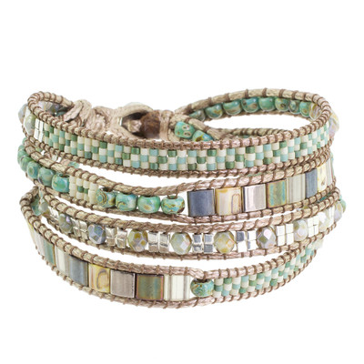 Glass beaded wristband bracelet, 'Aqua Pastel' - Pastel-Colored Glass Beaded Wristband Bracelet