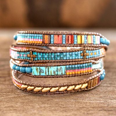 Glass beaded wristband bracelet, 'Atitlan Fiesta' - Glass Beaded Wristband Bracelet in Blue from Guatemala