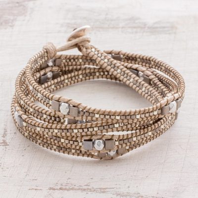 Glass beaded wrap bracelet, 'Splendorous Beach' - Glass Beaded Wrap Bracelet in Beige from Guatemala
