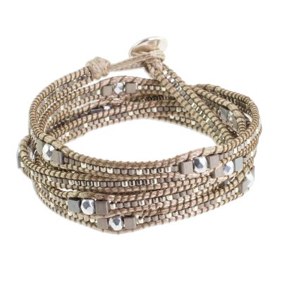Glass beaded wrap bracelet, 'Splendorous Beach' - Glass Beaded Wrap Bracelet in Beige from Guatemala