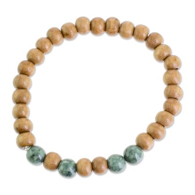 Jade and Pinewood Beaded Stretch Bracelet from Guatemala