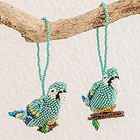 Glass beaded ornaments, 'Blue Macaws' (pair) - Glass Beaded Blue Macaw Ornaments from Guatemala (Pair)