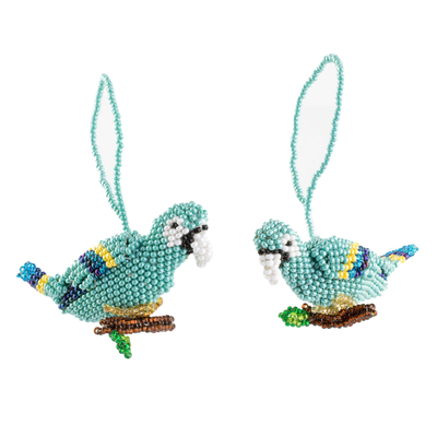 Glass beaded ornaments, 'Blue Macaws' (pair) - Glass Beaded Blue Macaw Ornaments from Guatemala (Pair)