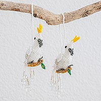 Glass beaded ornaments, 'White Cockatoos' (pair)