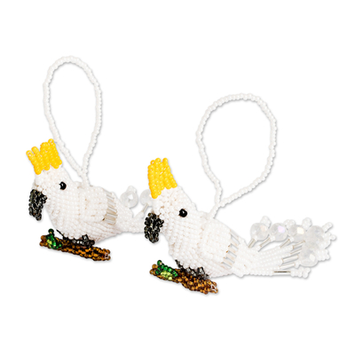 Glass beaded ornaments, 'White Cockatoos' (pair) - Glass Beaded White Cockatoo Ornaments from Guatemala (Pair)