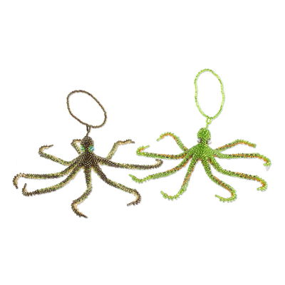 Glass beaded ornaments, 'Beautiful Octopi' (pair) - Glass Beaded Octopus Ornaments from Guatemala (Pair)