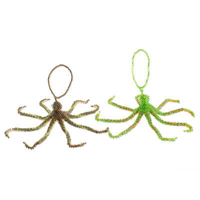 Glasperlen-Ornamente, 'Schöne Oktopi' (Paar) - Glasperlen-Krake Ornamente aus Guatemala (Paar)