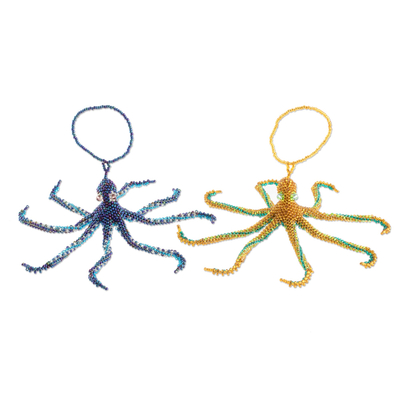 Glass beaded ornaments, 'Marine Beauty' (pair) - Hand-Beaded Glass Octopus Ornaments from Guatemala (Pair)