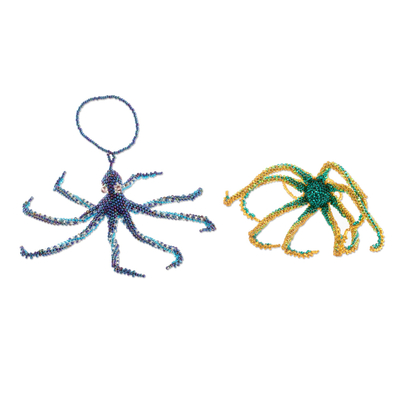 Glass beaded ornaments, 'Marine Beauty' (pair) - Hand-Beaded Glass Octopus Ornaments from Guatemala (Pair)