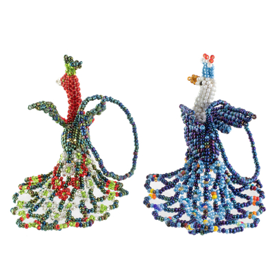Glasperlenornamente, 'True Beauty' (Paar) - Glasperlen-Pfau Ornamente aus Guatemala (Paar)