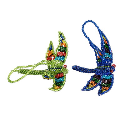 Glass beaded ornaments, 'Free Flight' (pair) - Hand-Beaded Glass Dragonfly Ornaments from Guatemala (Pair)