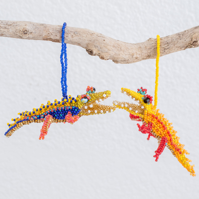 Glass beaded ornaments, 'Colorful Crocodiles' (pair) - Colorful Guatemalan Glass Beaded Crocodile Ornaments (Pair)