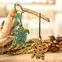 Glass beaded ornaments, 'Colorful Sea Turtles' (pair) - Glass Beaded Sea Turtle Ornaments from Guatemala (Pair)