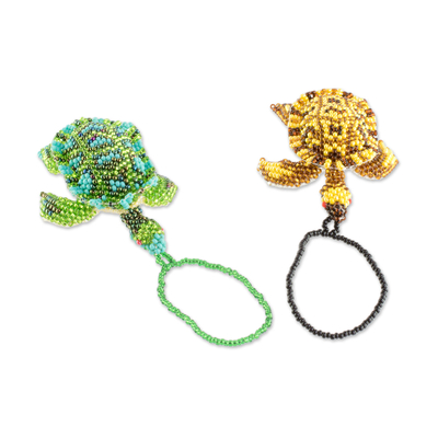 Glass beaded ornaments, 'Colorful Sea Turtles' (pair) - Glass Beaded Sea Turtle Ornaments from Guatemala (Pair)