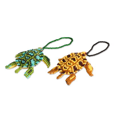Glasperlen-Ornamente, 'Bunte Meeresschildkröten' (Paar) - Glasperlen-Seeschildkröten-Ornamente aus Guatemala (Paar)