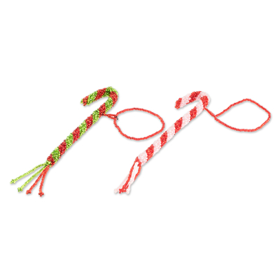 Glass beaded ornaments, 'Lovely Canes' (pair) - Glass Beaded Candy Cane Ornaments from Guatemala (Pair)