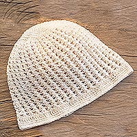 Cotton hat, 'Fresh Alabaster' - Crocheted Cotton Hat in Alabaster from Guatemala