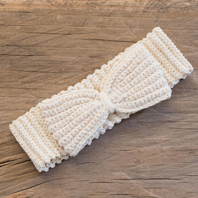 Cotton headband, 'Alabaster Bow' - Crocheted Cotton Headband with Bow from Guatemala