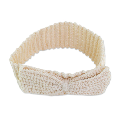 Cotton headband, 'Alabaster Bow' - Crocheted Cotton Headband with Bow from Guatemala